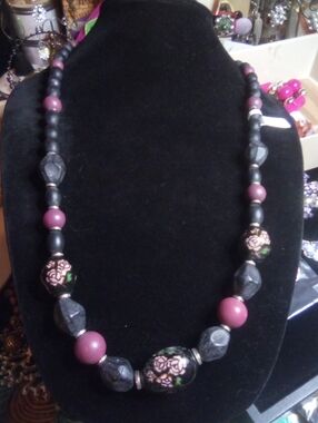 As is black with pink flower necklace vintage